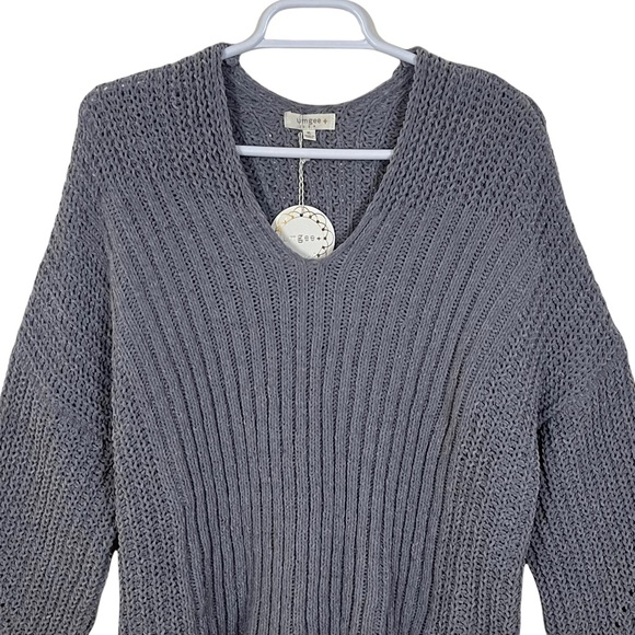 Umgee Oversized Chenille Loose Knit Wide Neckline V-neck Sweater - Picture 2 of 16